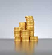 gold coins stacked up in several piles